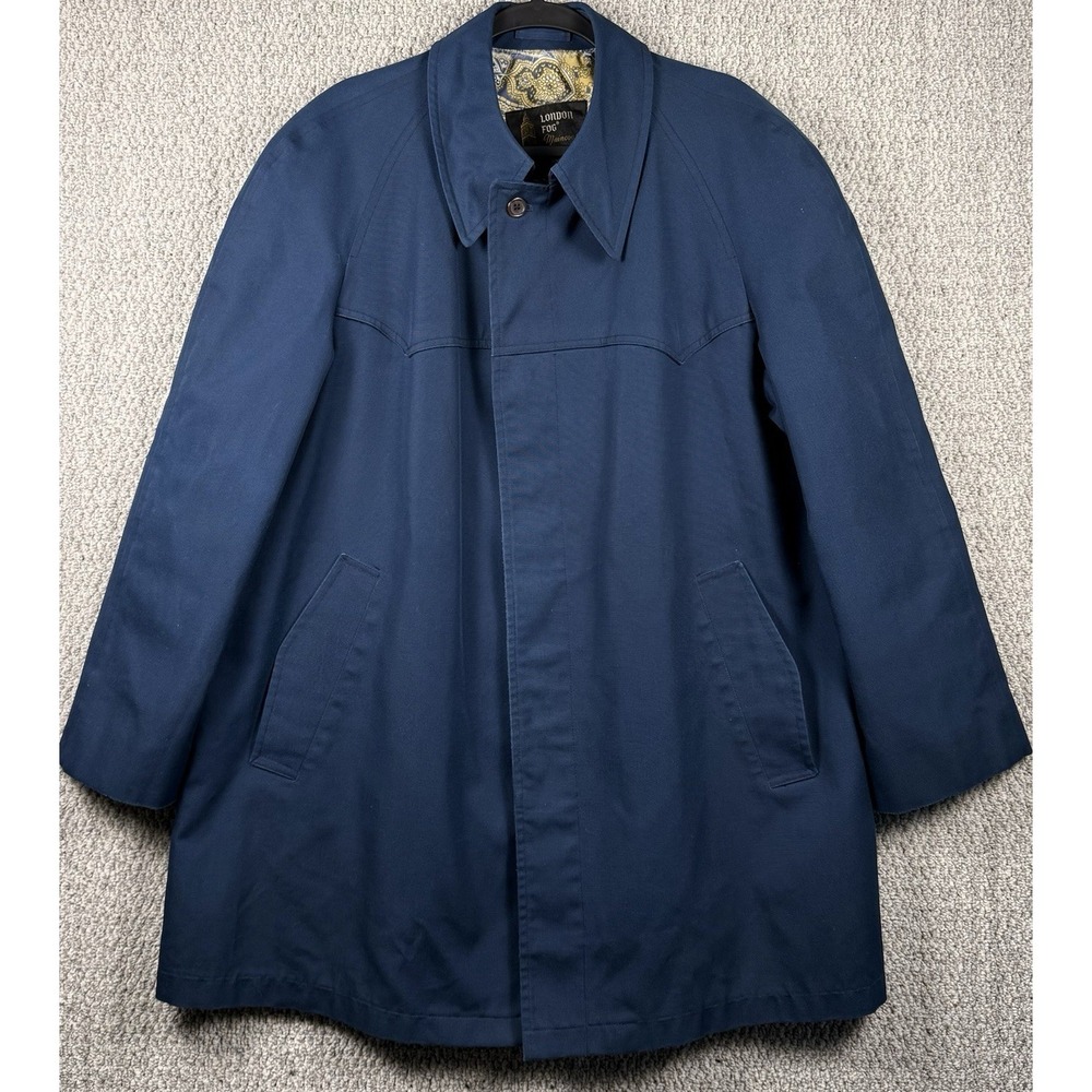 Vintage London Fog Raincoat 44R Blue Trench Paisley Lined USA Coat
